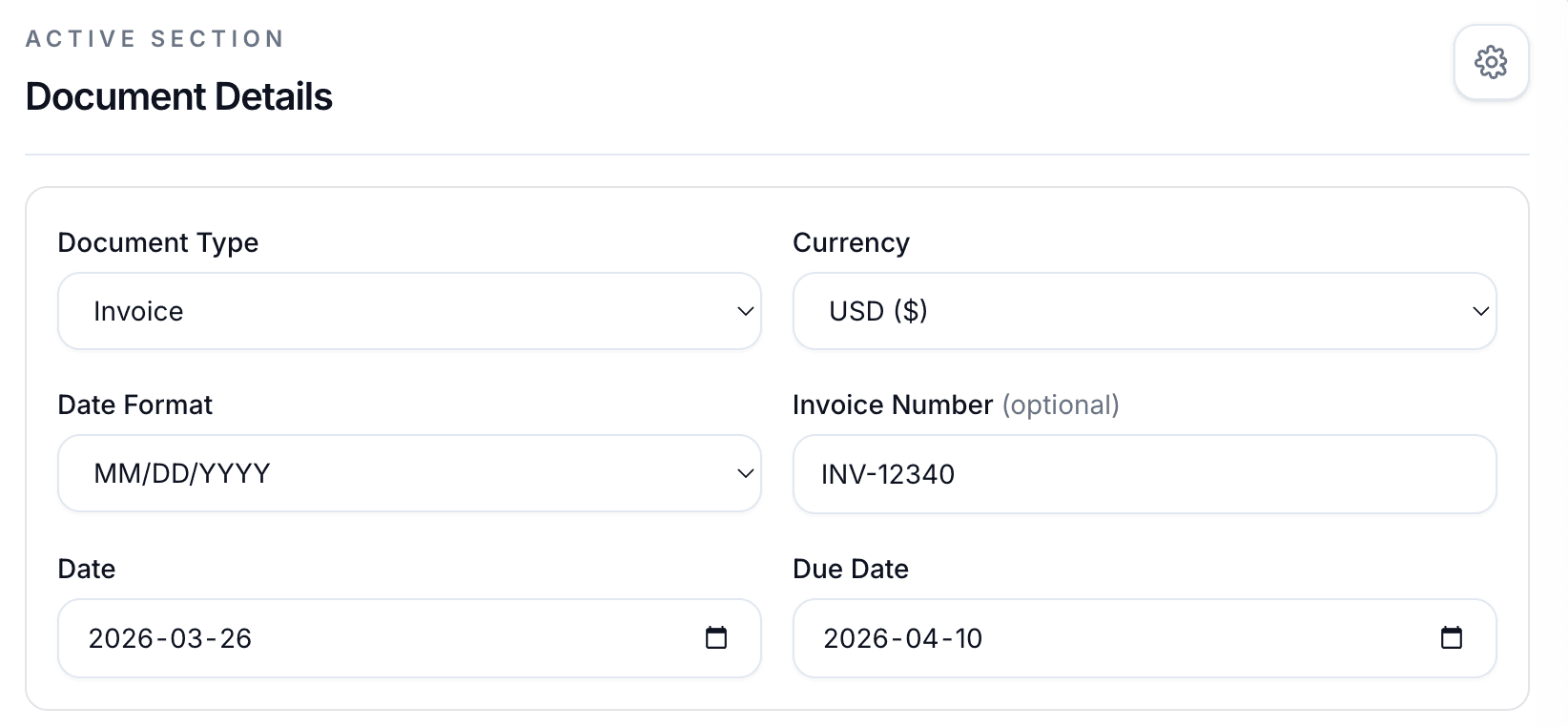 Document details showing document type, currency, invoice number, and dates