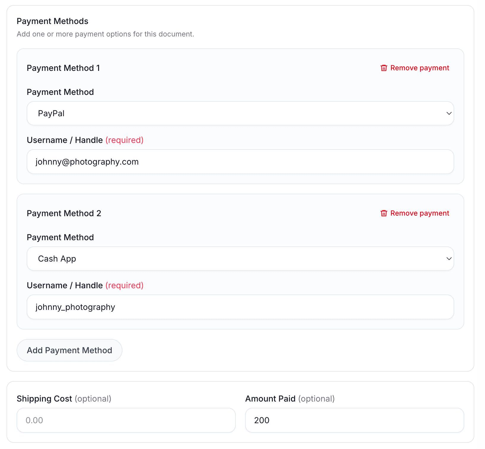 Document details showing payment methods and amount paid