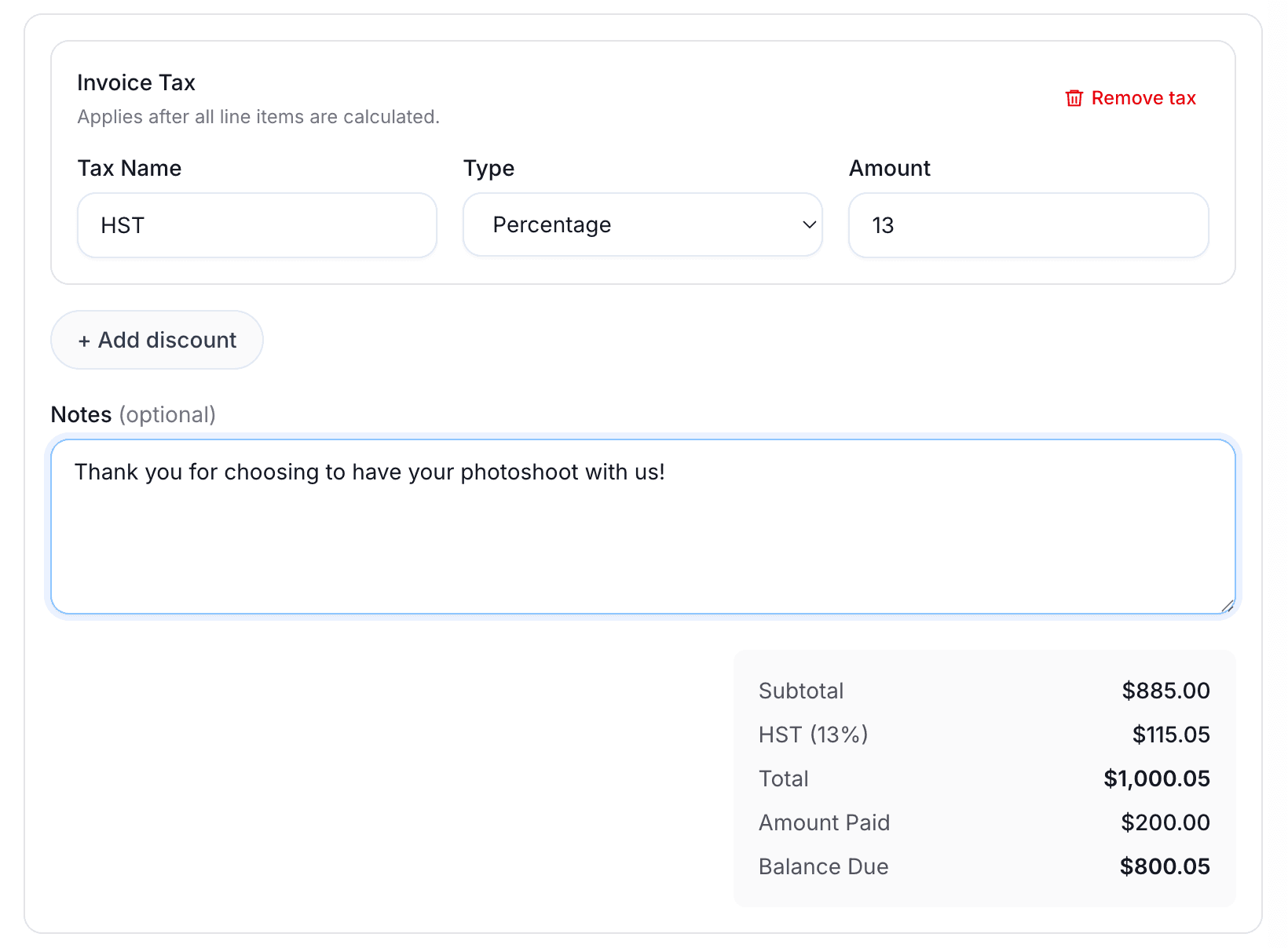 Document details showing invoice tax and notes