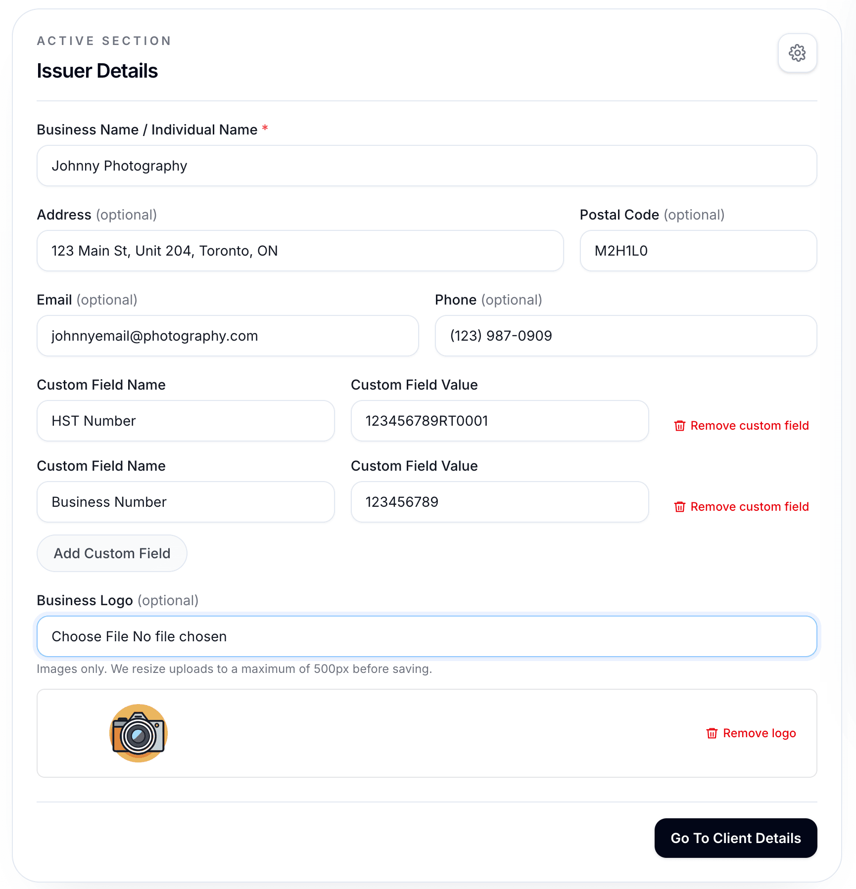 Issuer details tab filled out in the invoice generator