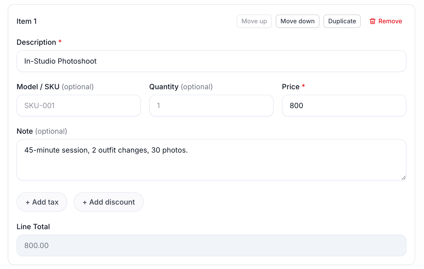 First product or service line item filled out