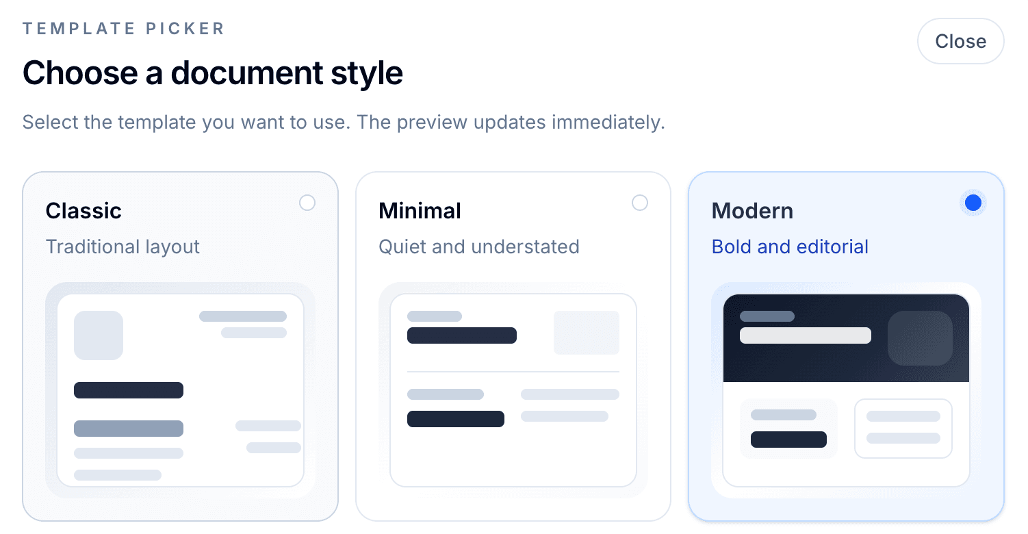 Template picker showing classic, minimal, and modern options